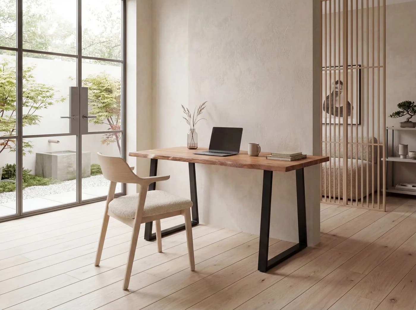 FINEBUY Schreibtisch Akazie Massivholz Metall Trapezbeine Modern Baumkante