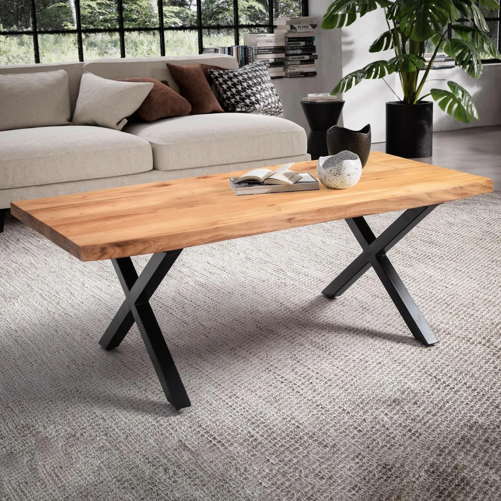 FineBuy Couchtisch Akazie Massiv 120cm mit X-Gestell