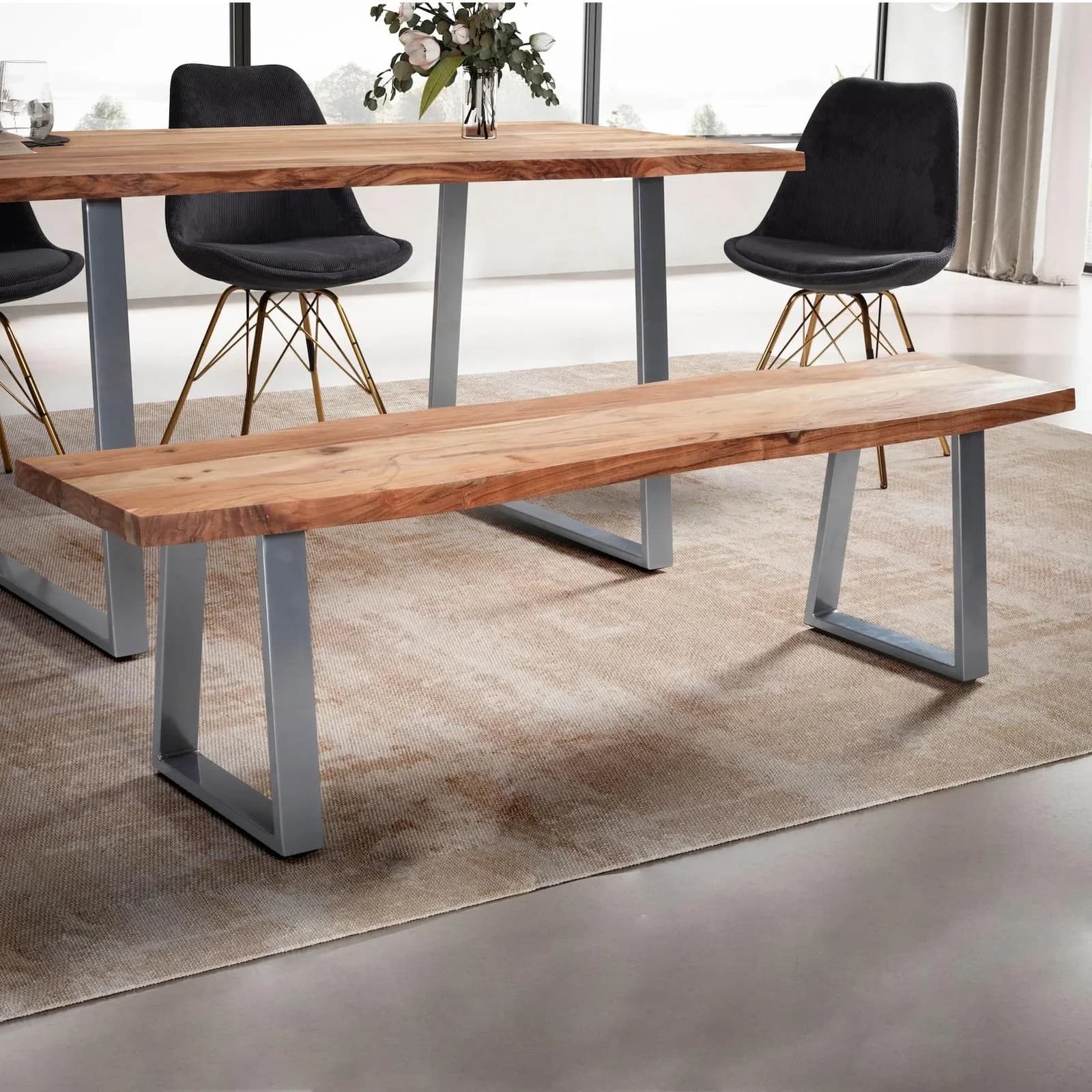FineBuy Esszimmerbank Akazie Massivholz 180 cm mit Baumkante