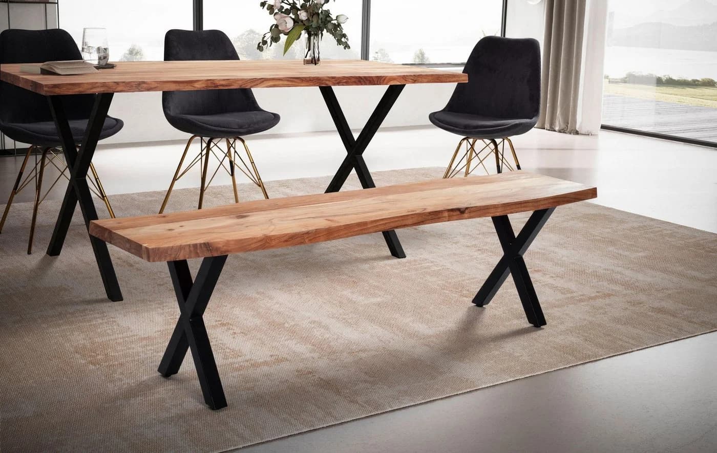 FINEBUY Essbank Akazie Massivholz Baumkante Modern