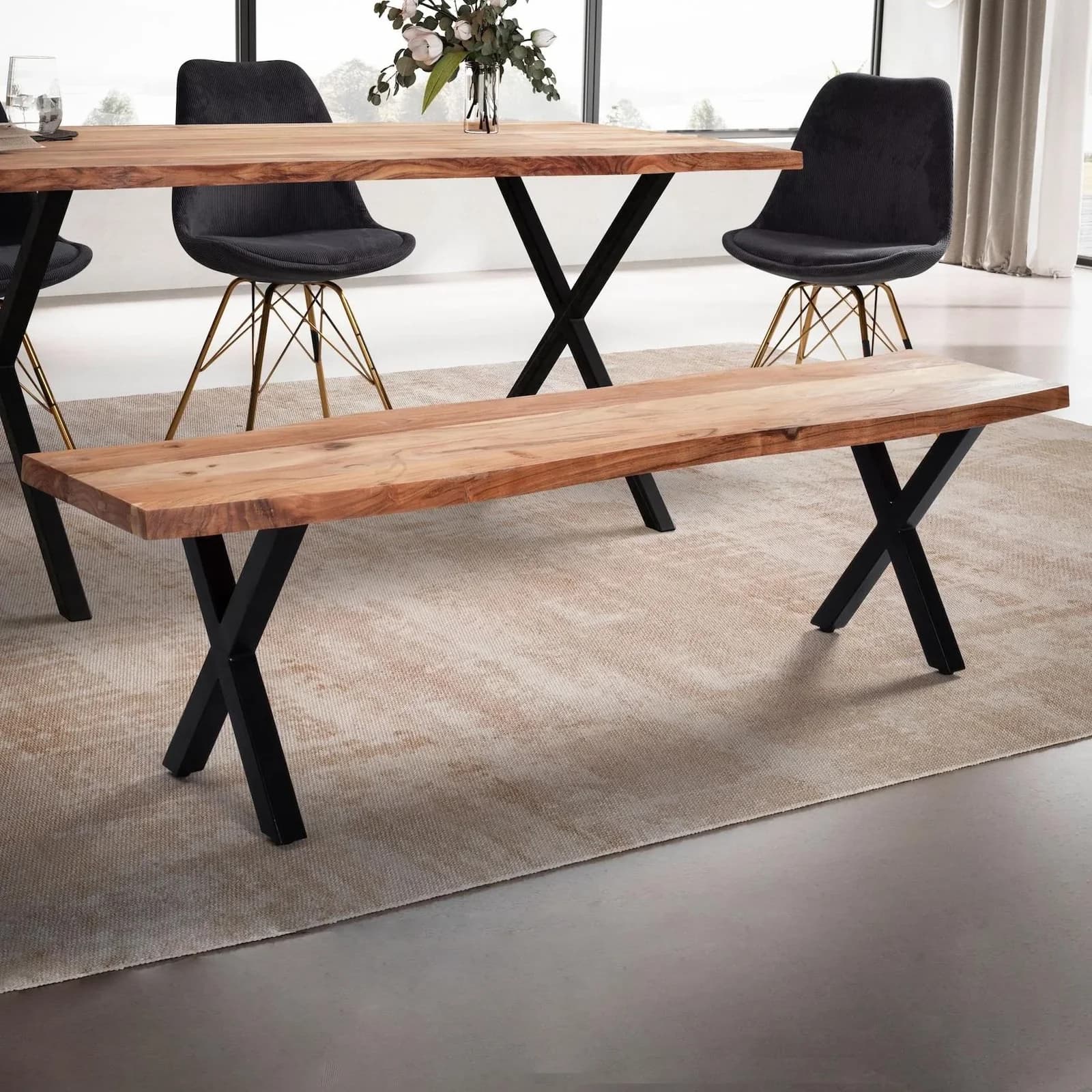 FineBuy Esszimmerbank 180 cm Akazie Massivholz mit Baumkante