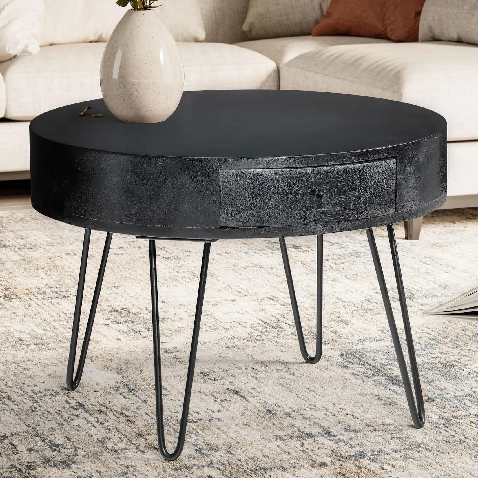 FineBuy Couchtisch Mango Massivholz Rund Schwarz mit Schublade