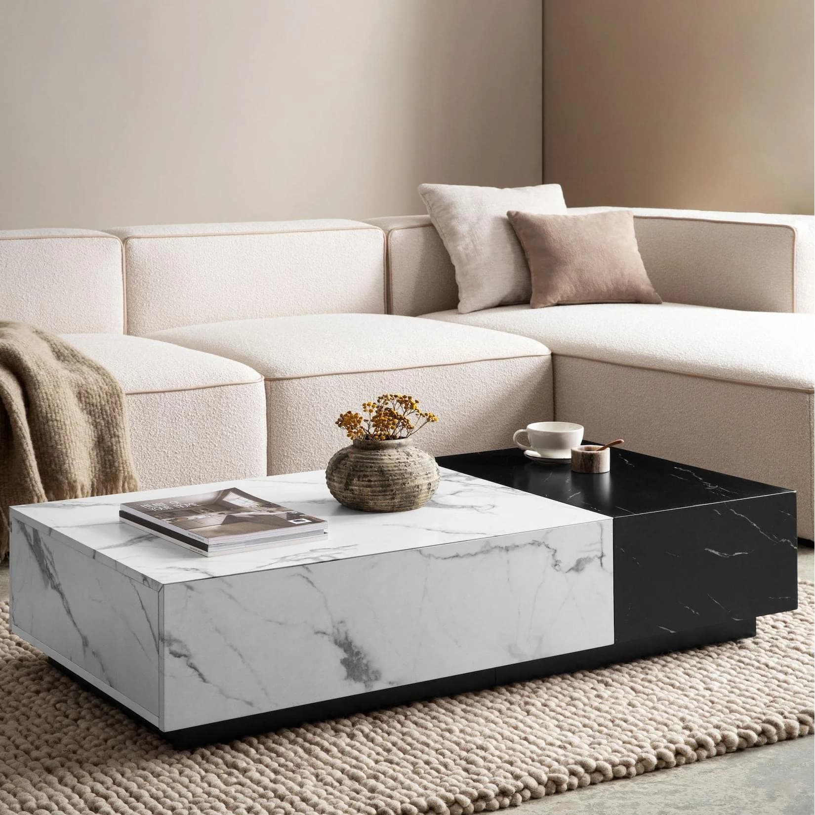 FineBuy Couchtisch Weiß Marmoroptik mit Schublade