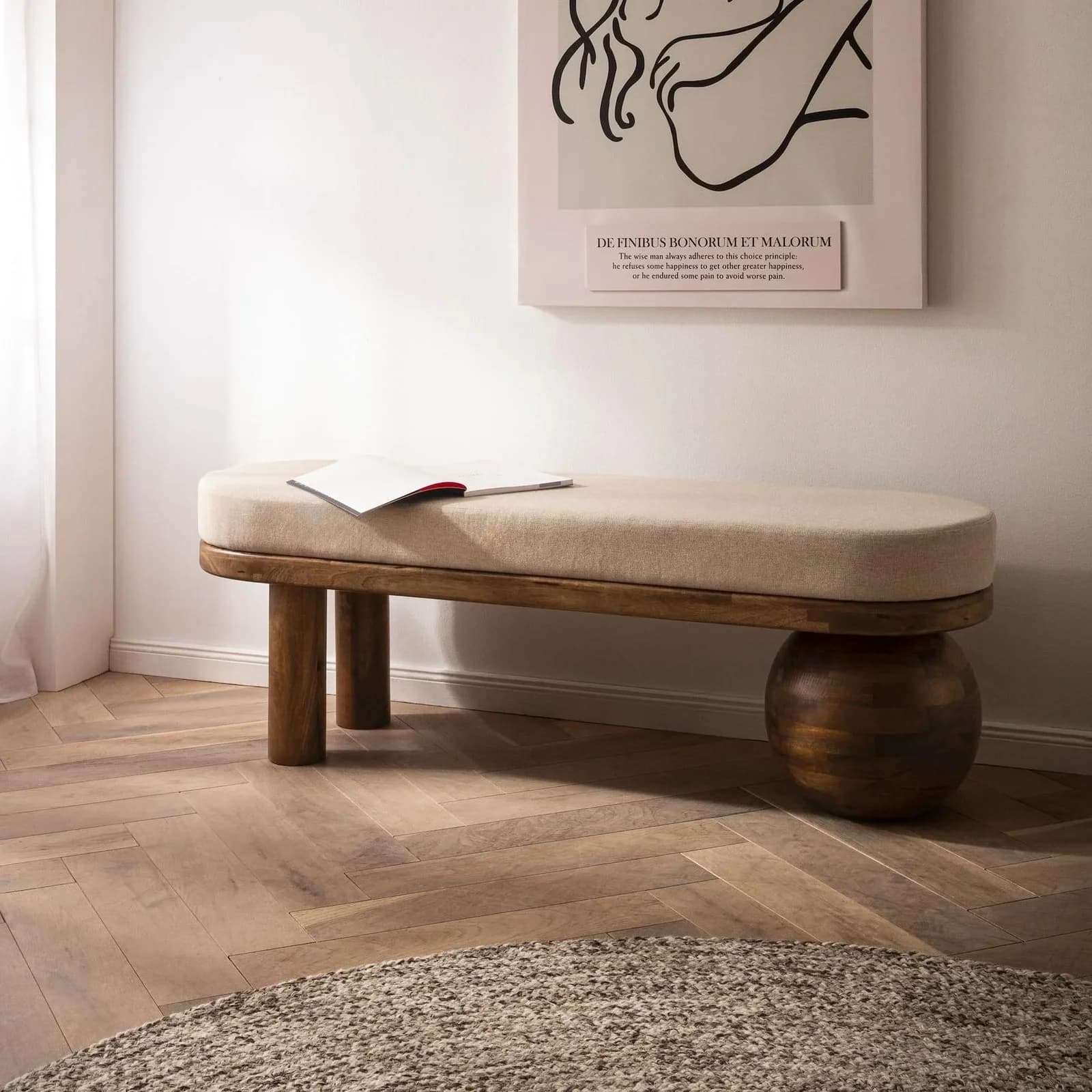 FINEBUY Sitzbank FB108544 Flurbank Stoff Holz Massiv 140 cm Polsterbank Beige