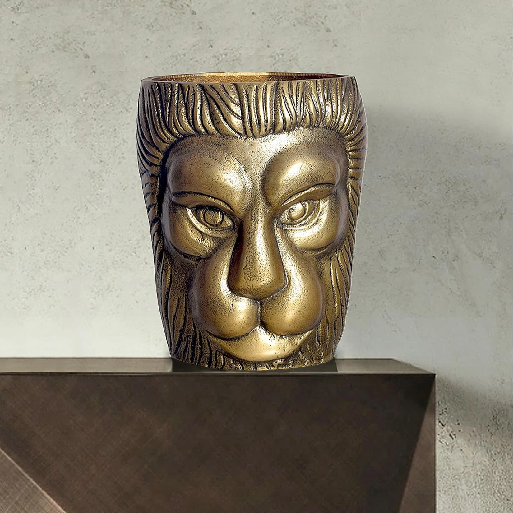 FineBuy Blumenvase Löwenkopf Gold Aluminium Tischvase