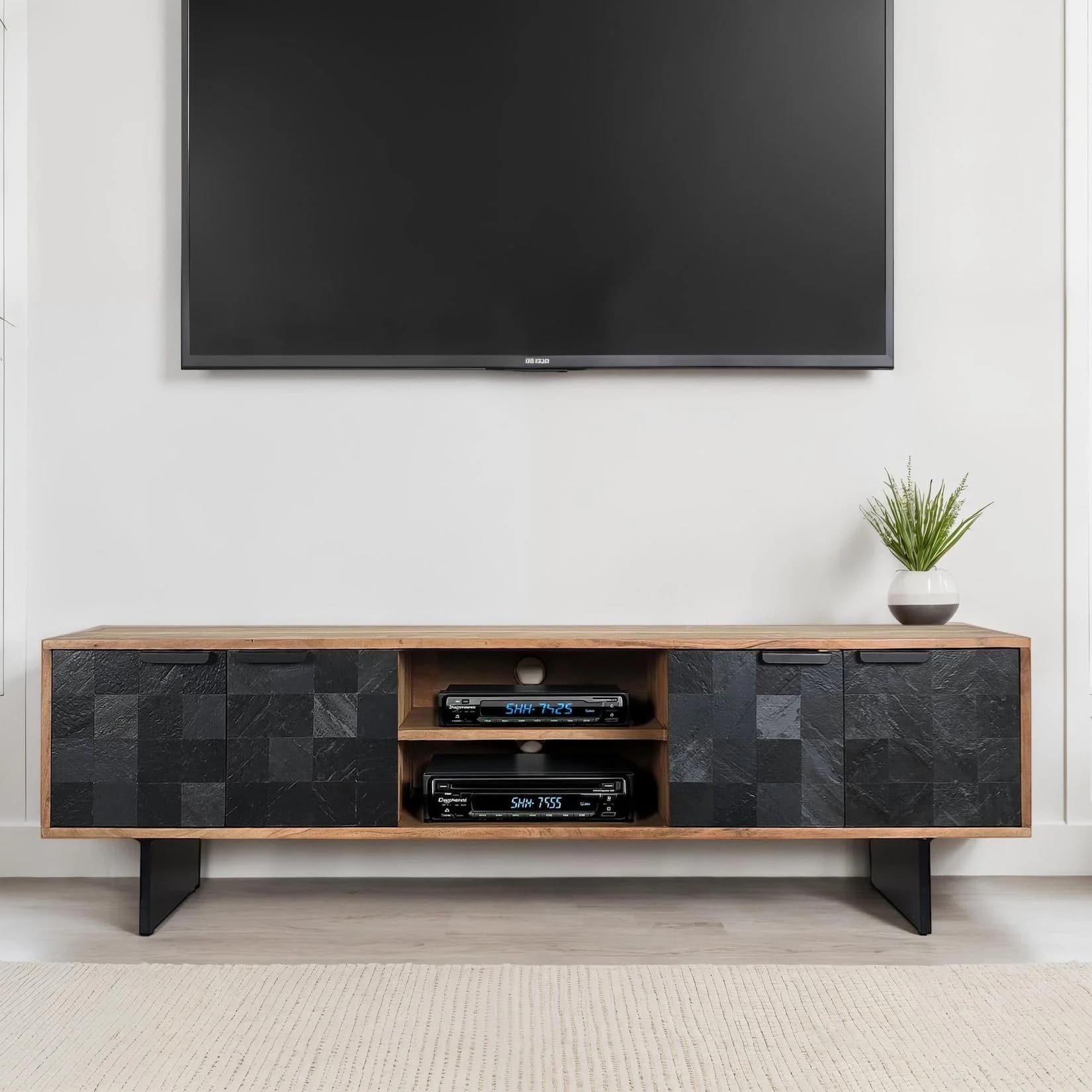 FineBuy TV Board Akazie Massivholz 150 cm Steinoptik Fronten