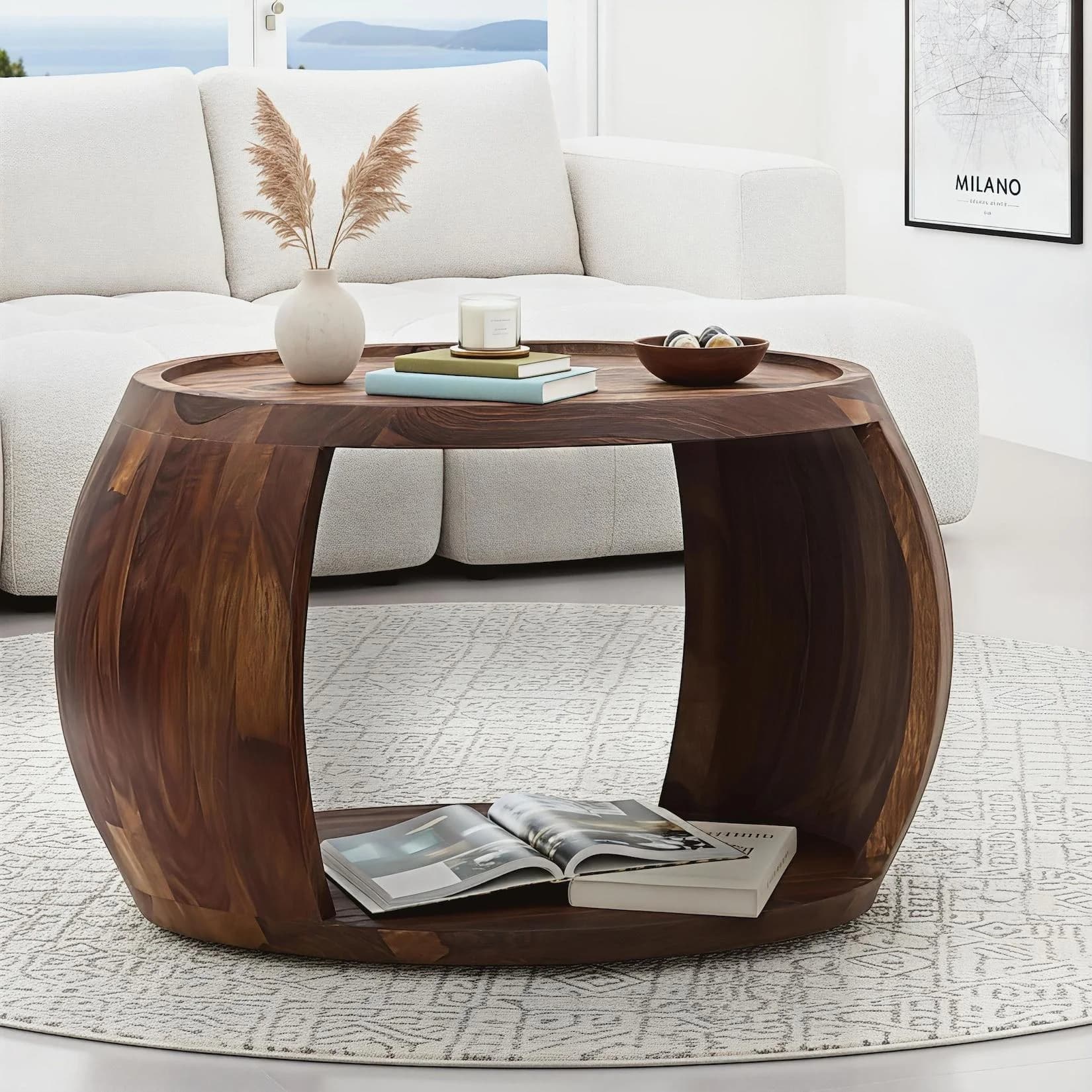 FineBuy Couchtisch Sheesham Massivholz Rund 60 cm Landhaus