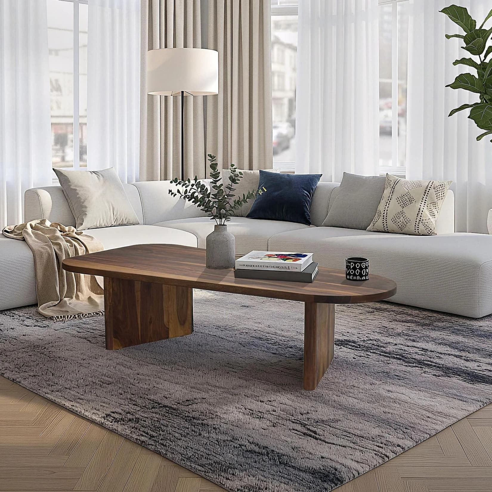 FineBuy Couchtisch Oval Sheesham Massivholz 120cm