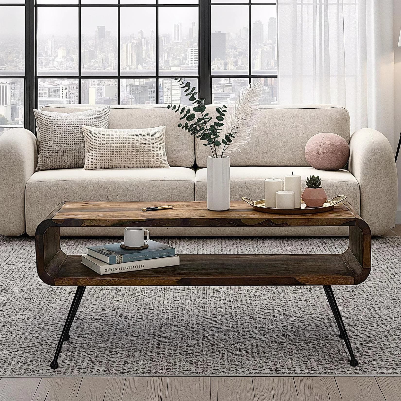 FineBuy Couchtisch Sheesham Massiv Metallbeinen 100cm Industrial Retro