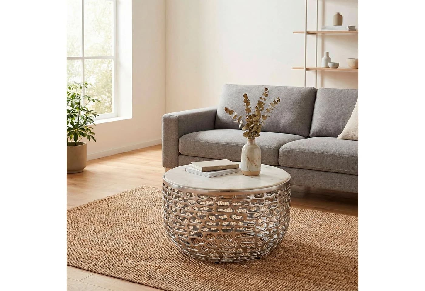 FINEBUY Couchtisch FB77384 Marmor Silber
