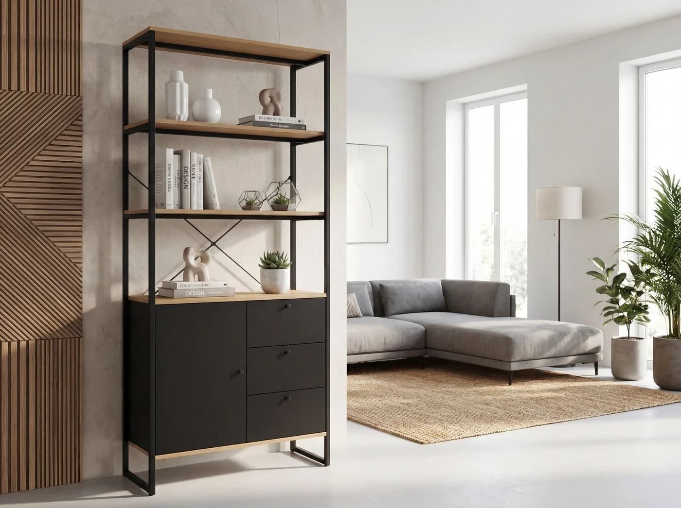 FINEBUY Bücherregal Industrial Eiche Schwarz Metall