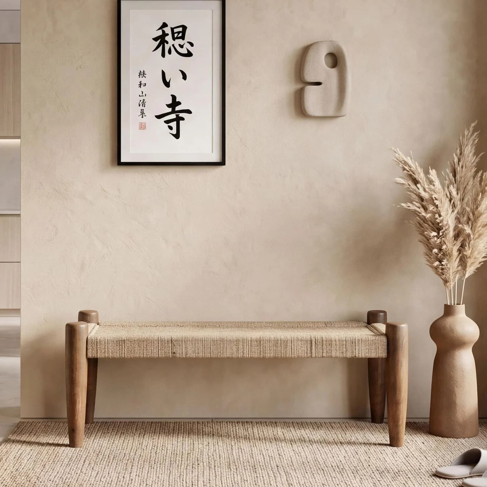 FineBuy Sitzbank 120cm Jute Flurbank Massivholz