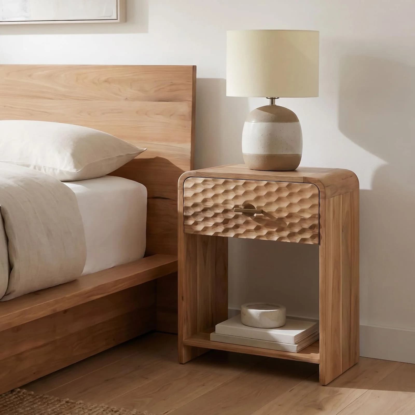 FineBuy Nachttisch 54cm Massivholz Mangoholz mit Schublade