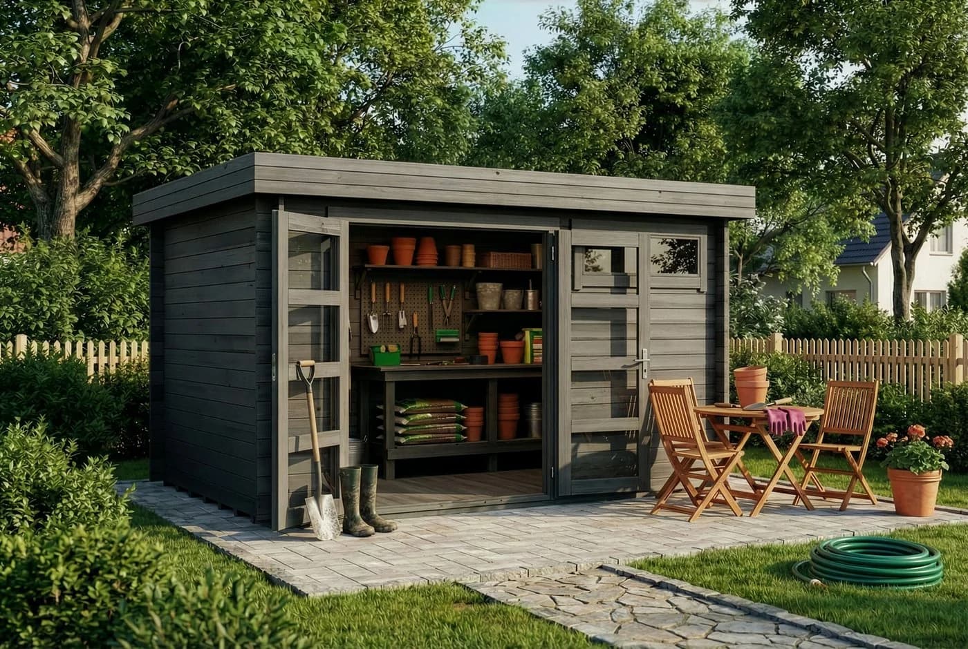 Alpholz Gartenhaus Leandro Grau Imprägniert 28mm Wandstärke