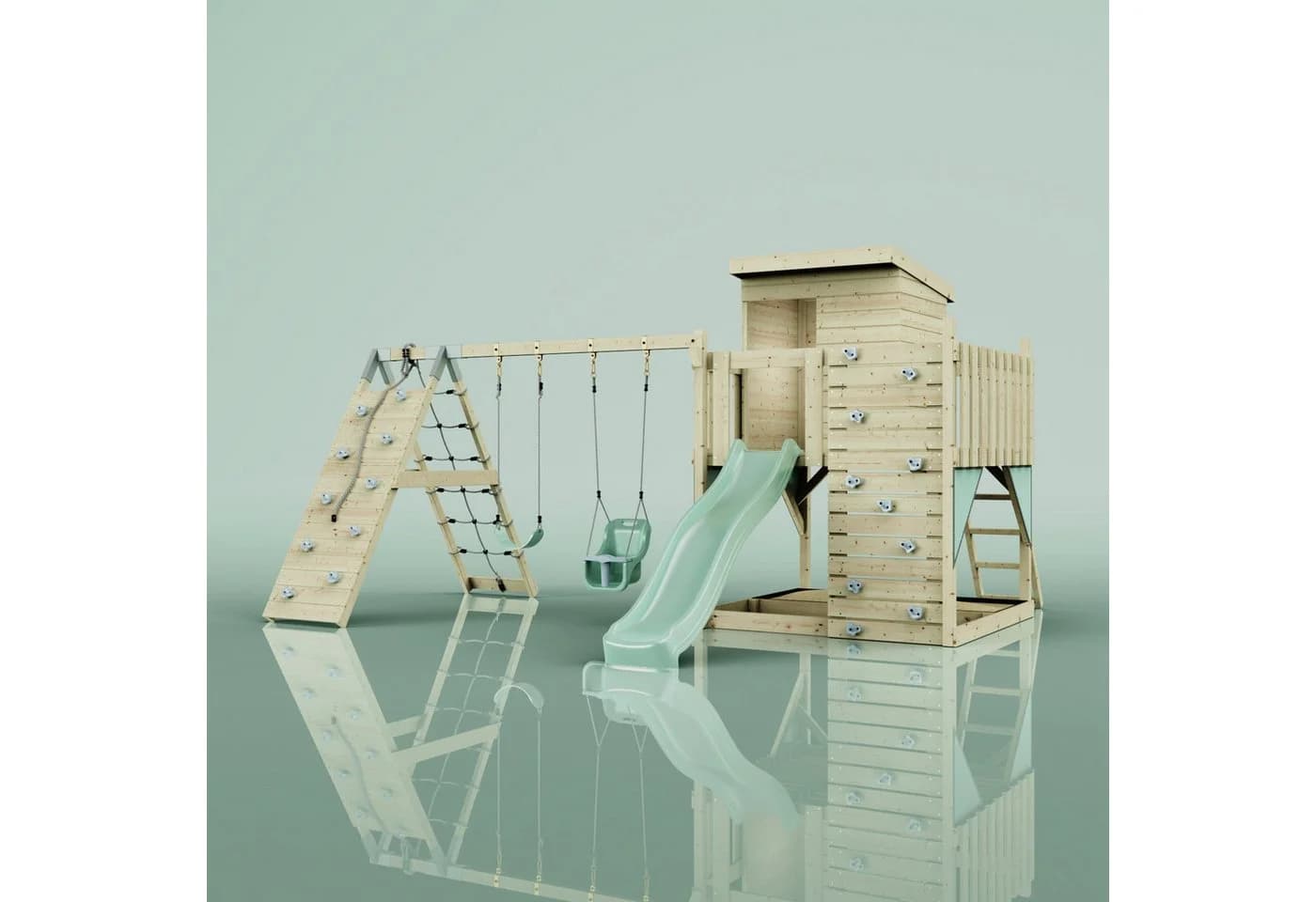 OutdoorToys Spielturm Frida Mintgrün mit Babyschaukel, Rutsche und Kletterwand