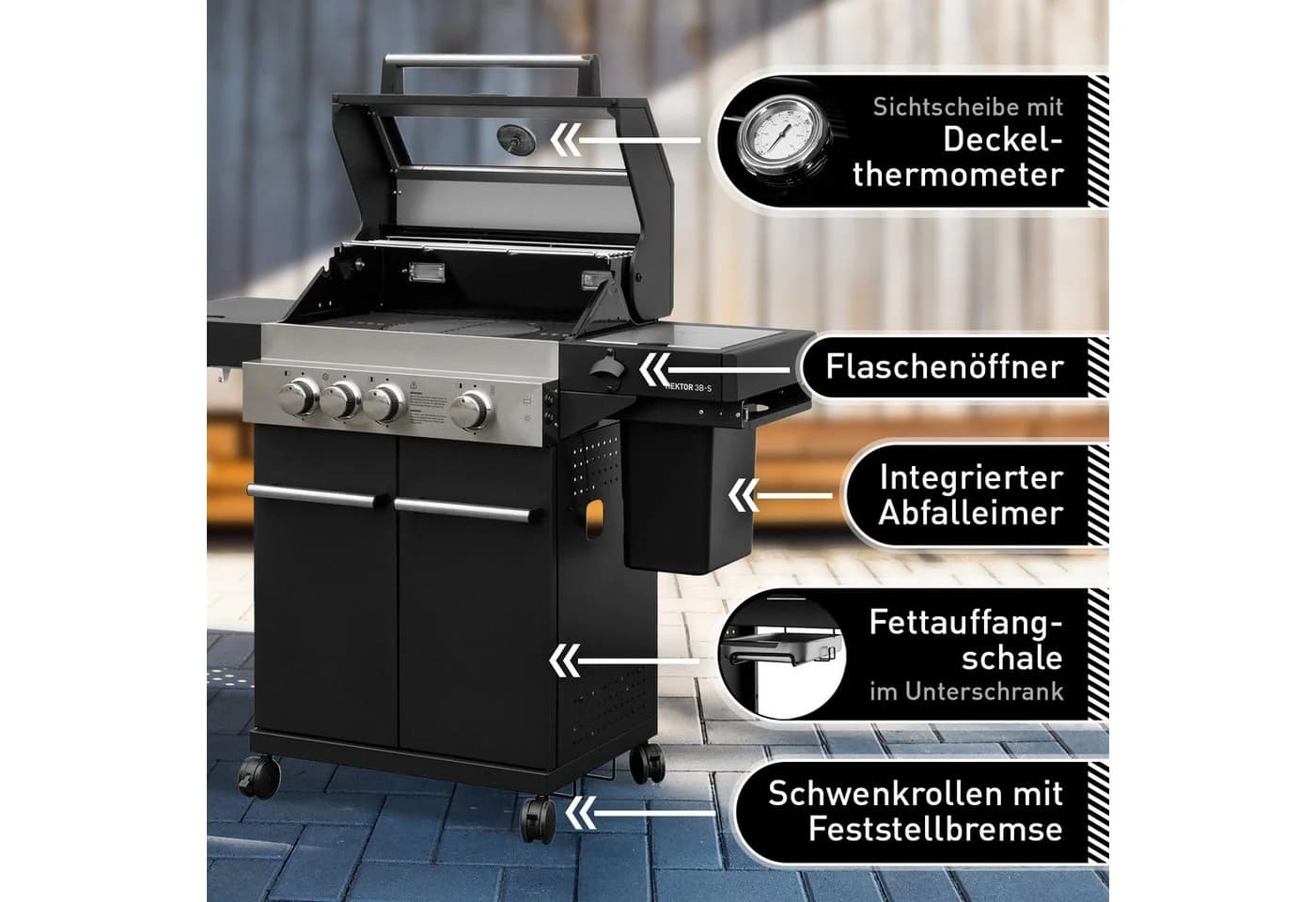 Feuergott Gasgrill Hektor 3B-S mit 3 Brennern, Infrarot & Beleuchtung
