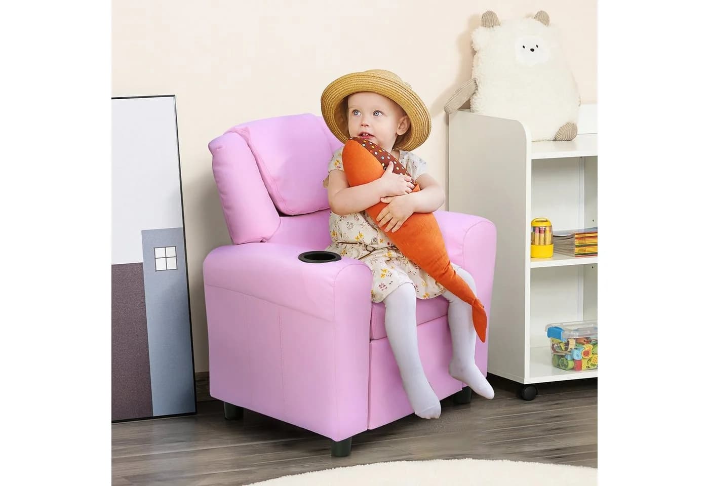 HOMCOM Kindersessel Rosa mit Liegefunktion und Becherhalter