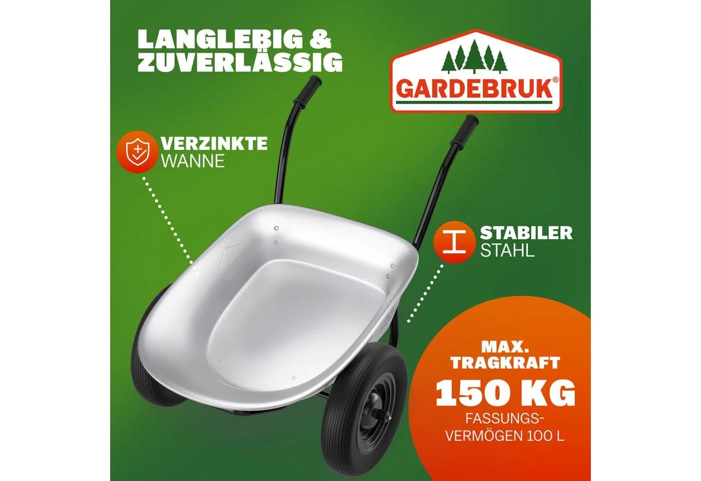 Gardebruk Schubkarre 2 Rad 150kg 100L Stahl Schwarz/Silber