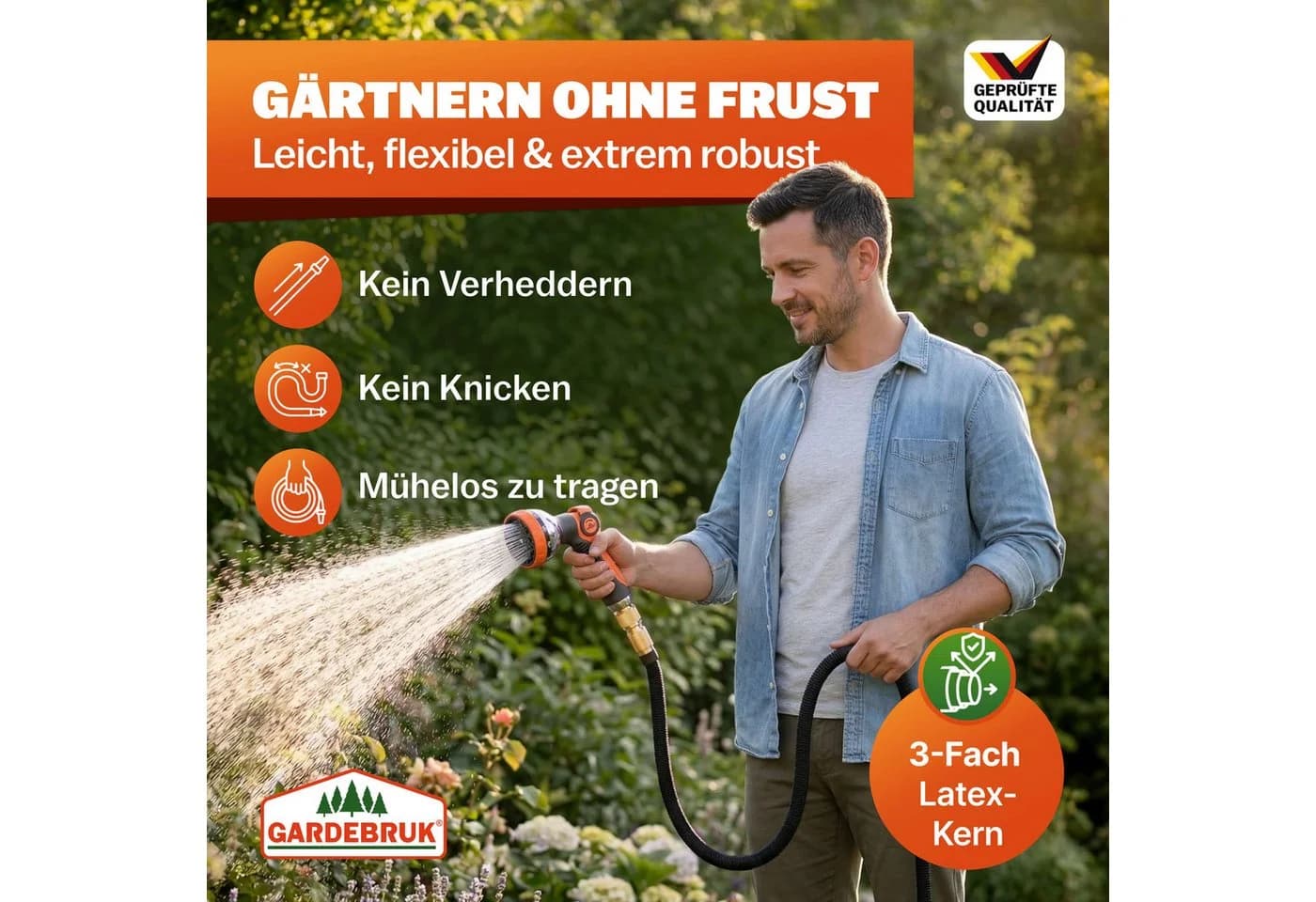 Gardebruk Bewässerungsschlauch 15m Orange mit Vollmessing-Adapter