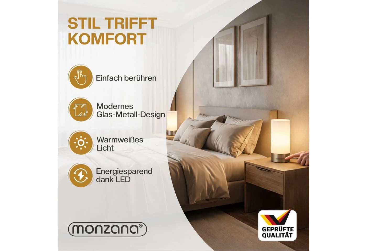 monzana Nachttischlampe 2er Set LED Touch Dimmbar Satin Nickel