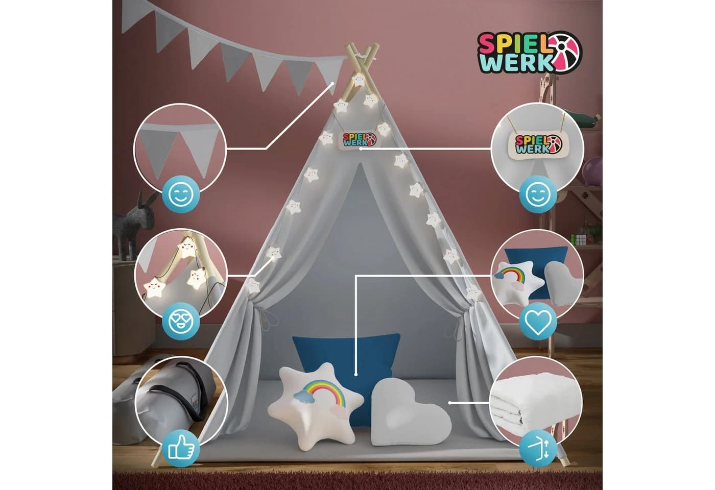 Spielwerk Kindertipi mit Lichterkette und Kissen