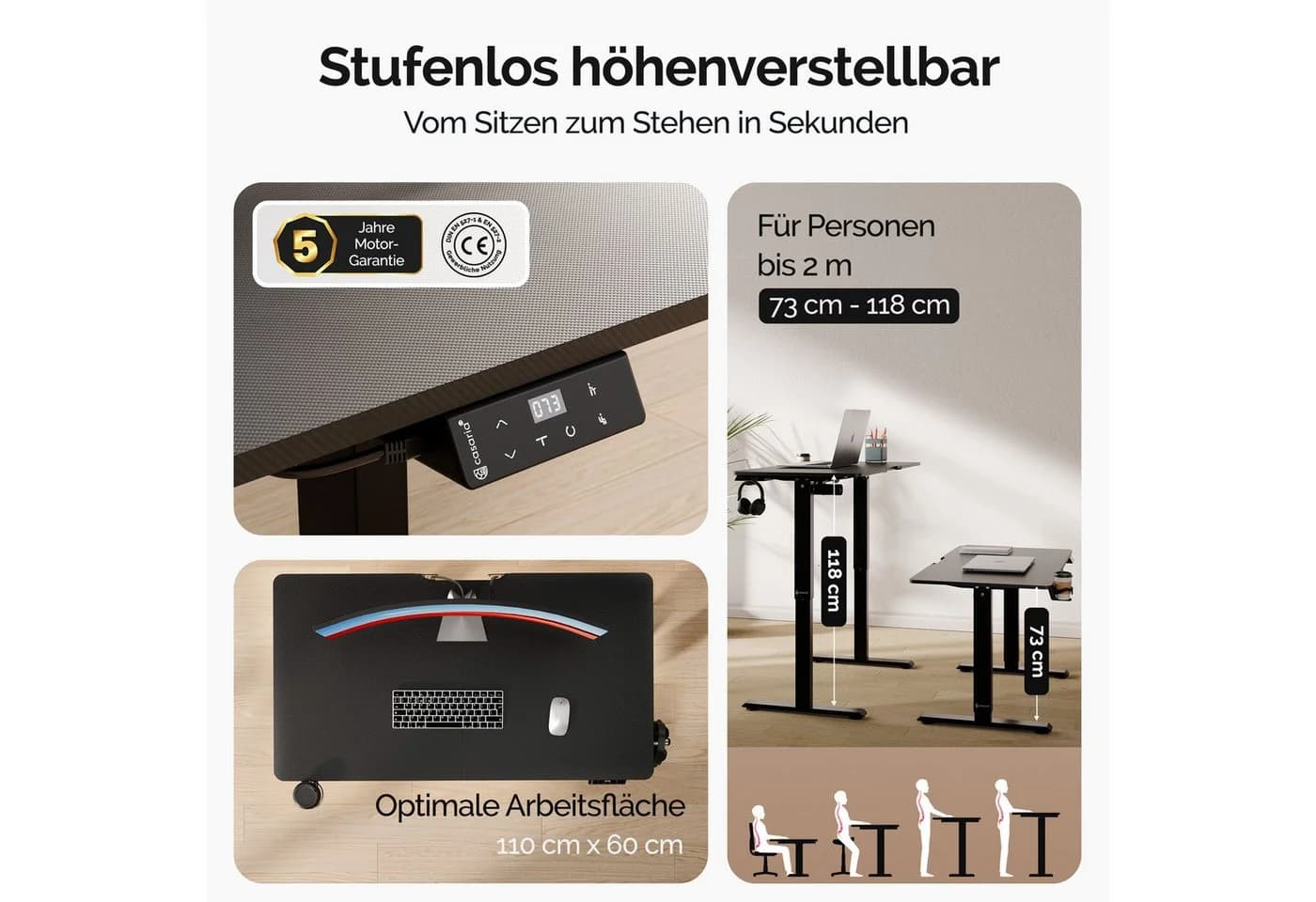 Casaria Elektrischer Schreibtisch mit LCD-Display und Höhenverstellung