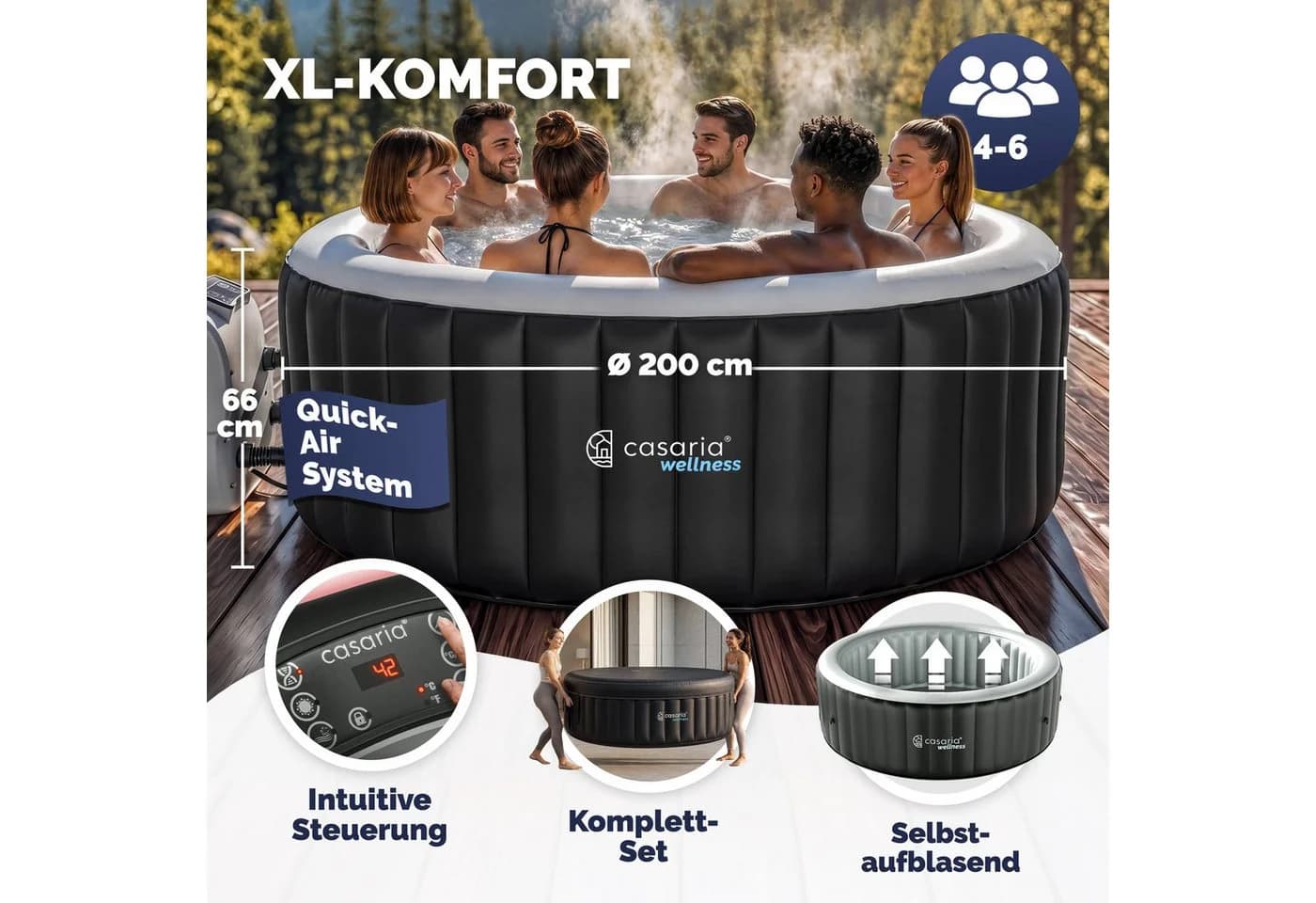 Casaria aufblasbarer Whirlpool 6 Personen Schwarz Grau PVC