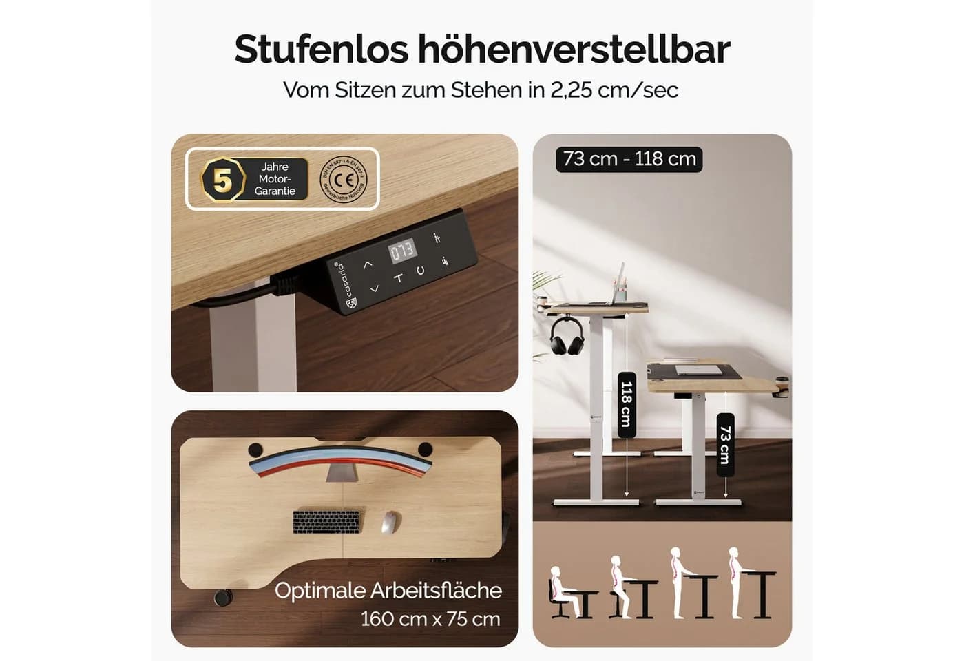 Casaria Elektrischer L-Schreibtisch Beige Höhenverstellbar