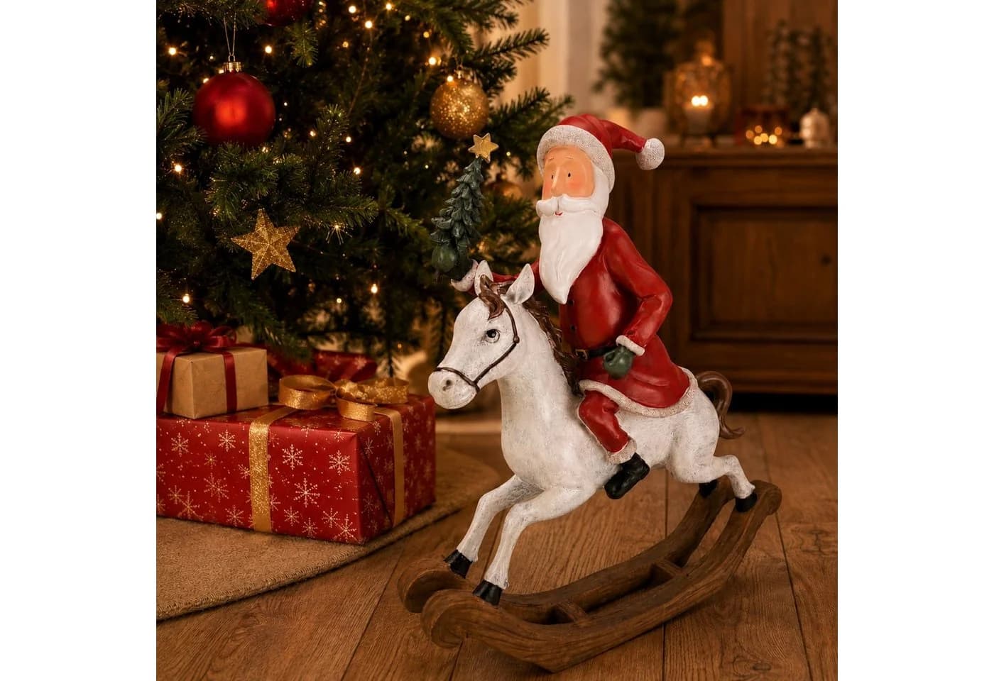 Online-Fuchs Dekofigur Weihnachtsmann auf Schaukelpferd Beige