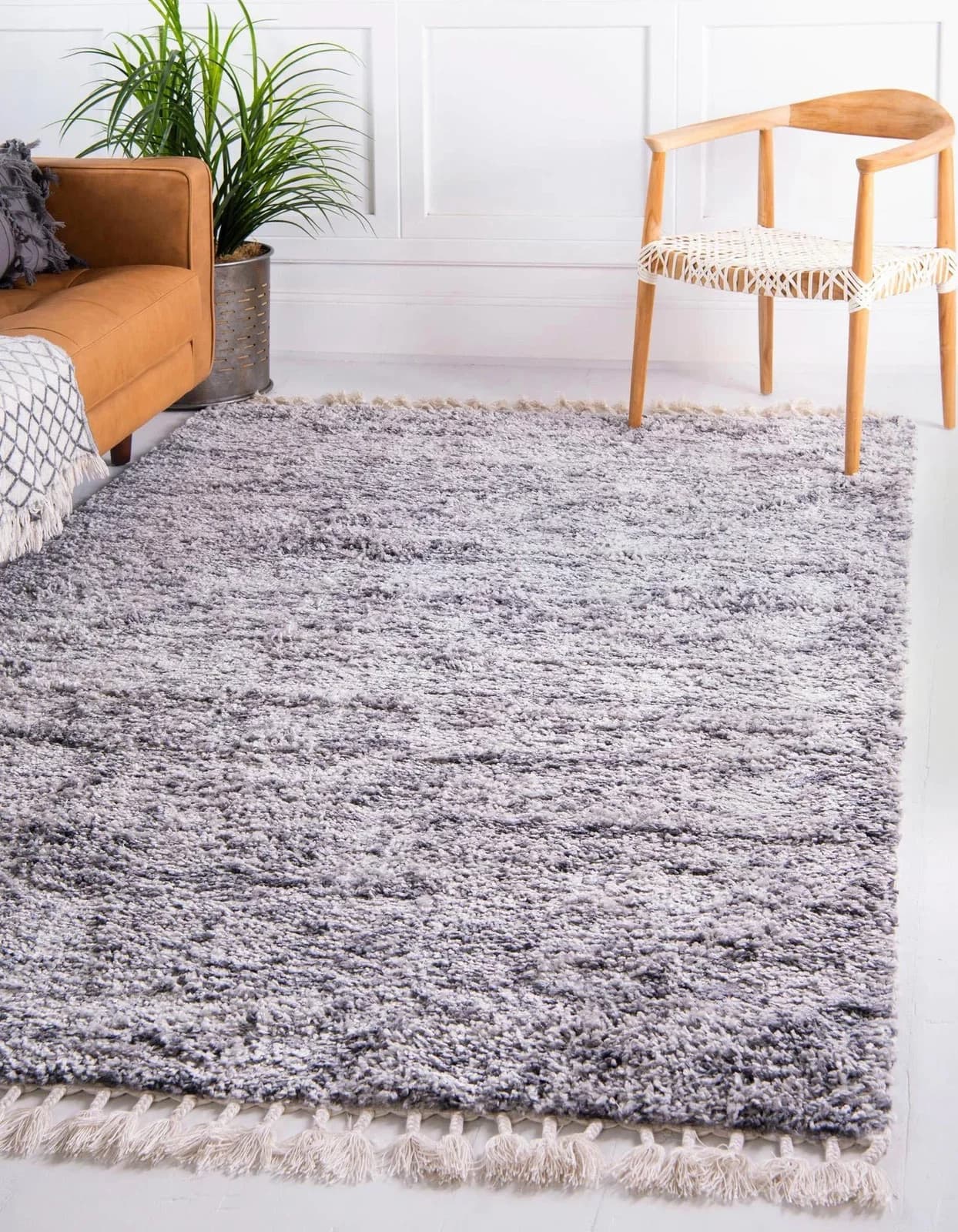 MyFlair Hochflor-Teppich Top Shag Grau/Elfenbein mit Fransen