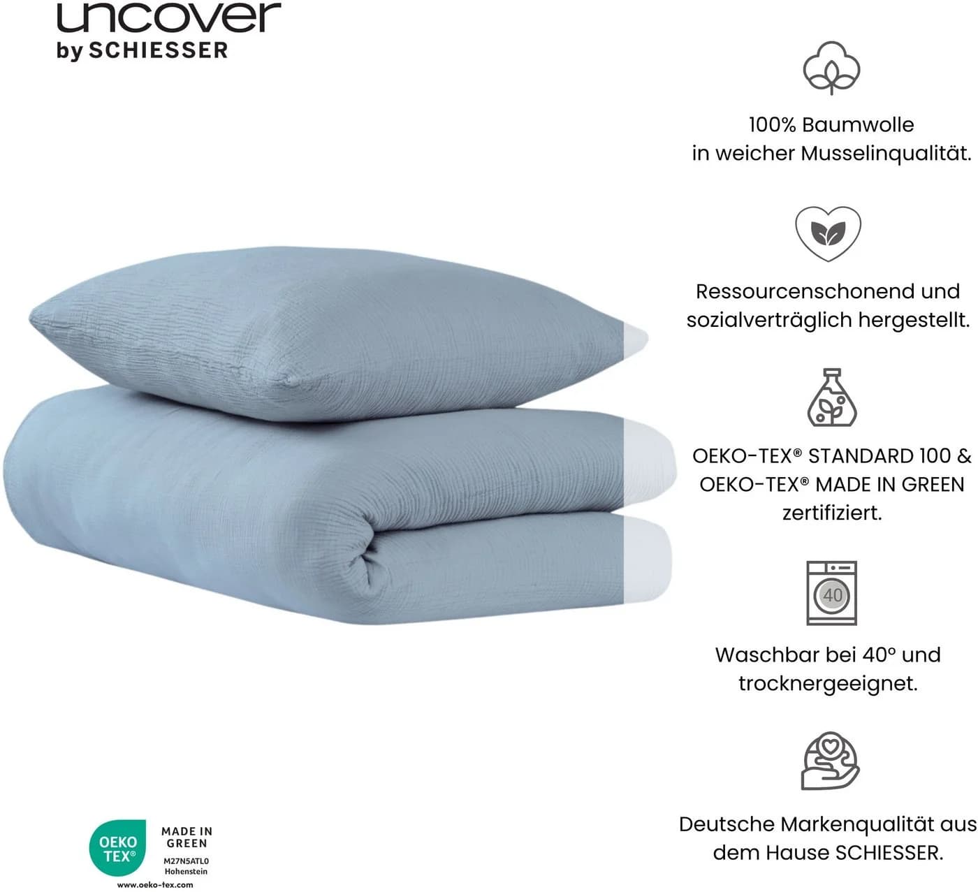 UNCOVER BY SCHIESSER Bettwäsche Lennox 2-tlg. Musselin Hellblau