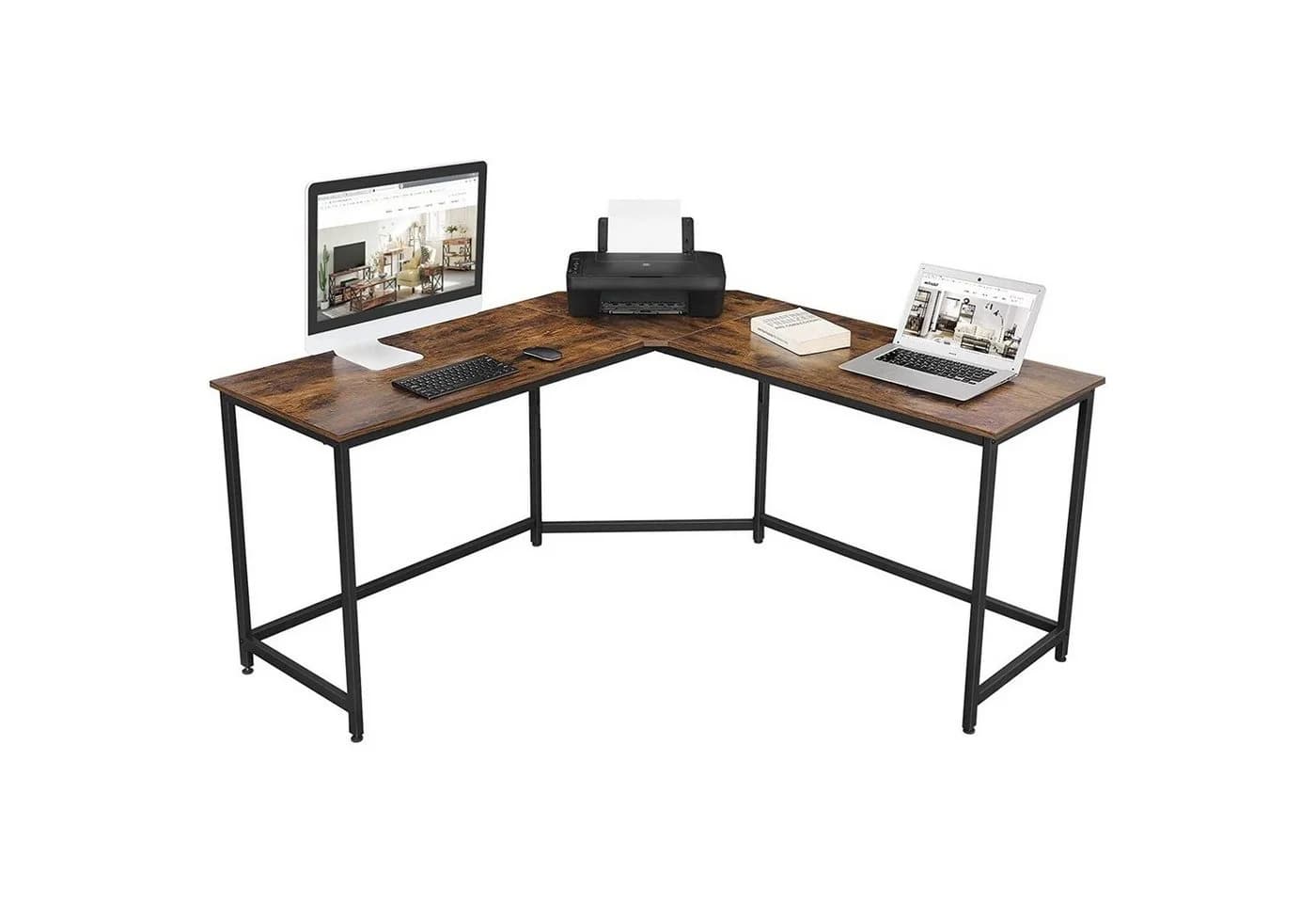 VENDOMNIA Eckschreibtisch L-Form Industrial Design Metall Vintagebraun Schwarz