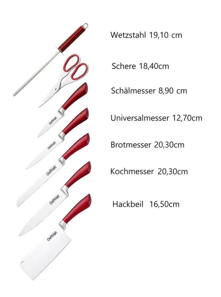 Cheffinger 8-tlg. Messer-Set mit Messerblock Edelstahl Rot/Schwarz/Silber