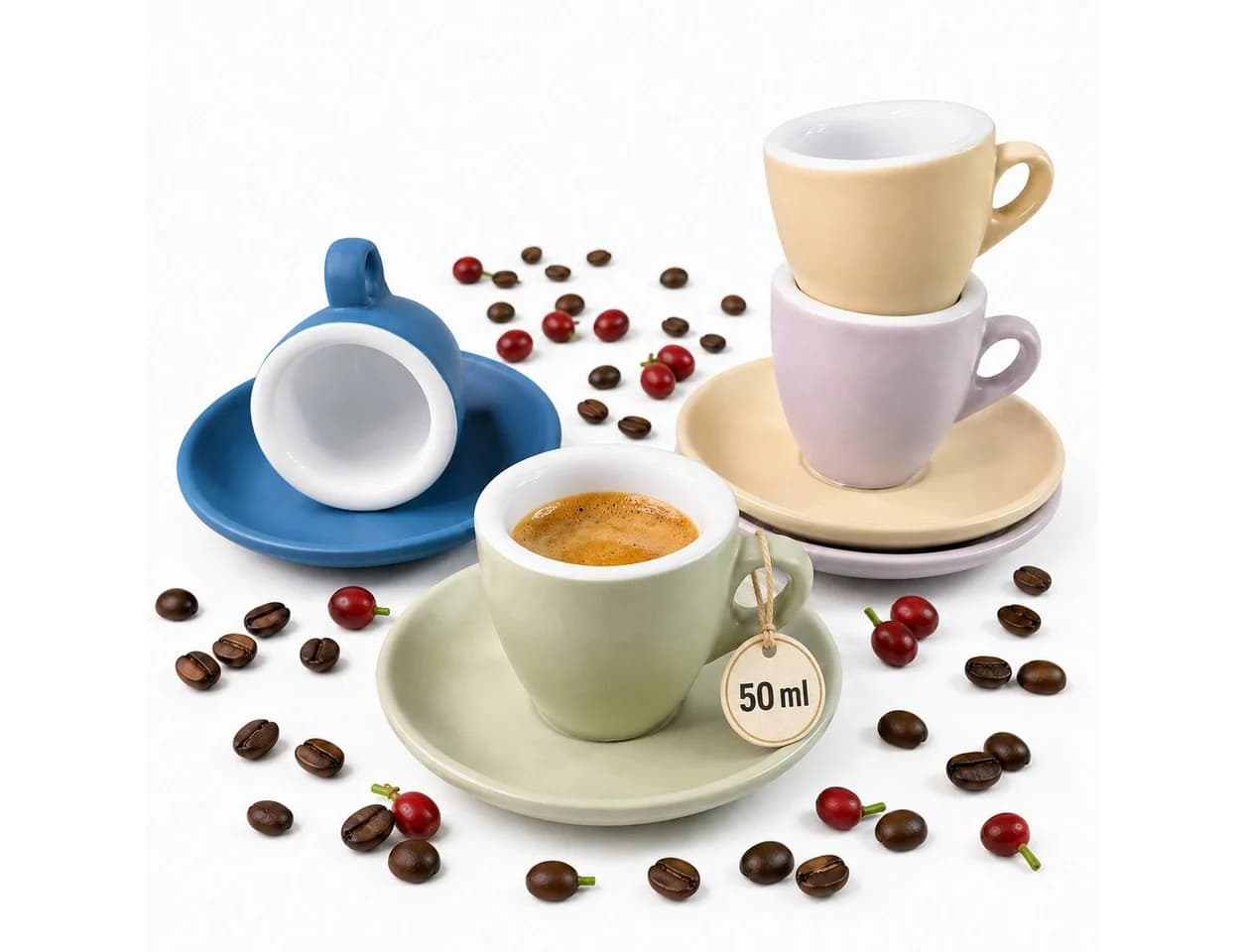 MUVELL Espressotassen 4er Set mit Untertassen 50ml Porzellan Bunt Barista-Design