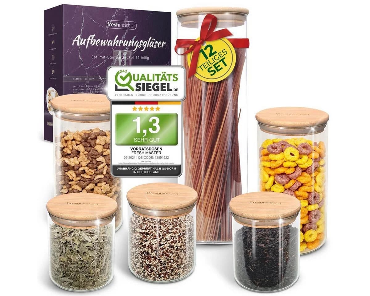 Fresh Master Vorratsglas 12-tlg. Glas mit Bambus-Deckel Borosilikatglas