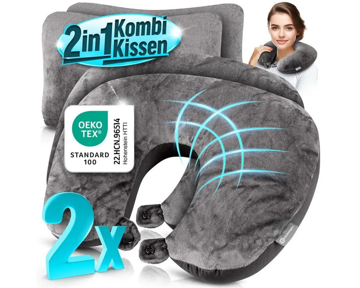 HEIMWERT 2in1 Reisekissen Grau Nackenhörnchen und Kopfkissen