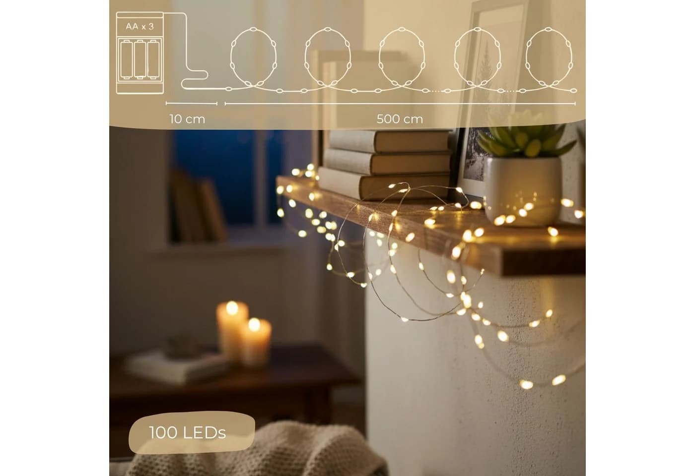 matches21 HOME & HOBBY LED-Lichterkette 5m 100 LEDs Timer Batterie Warmweiß