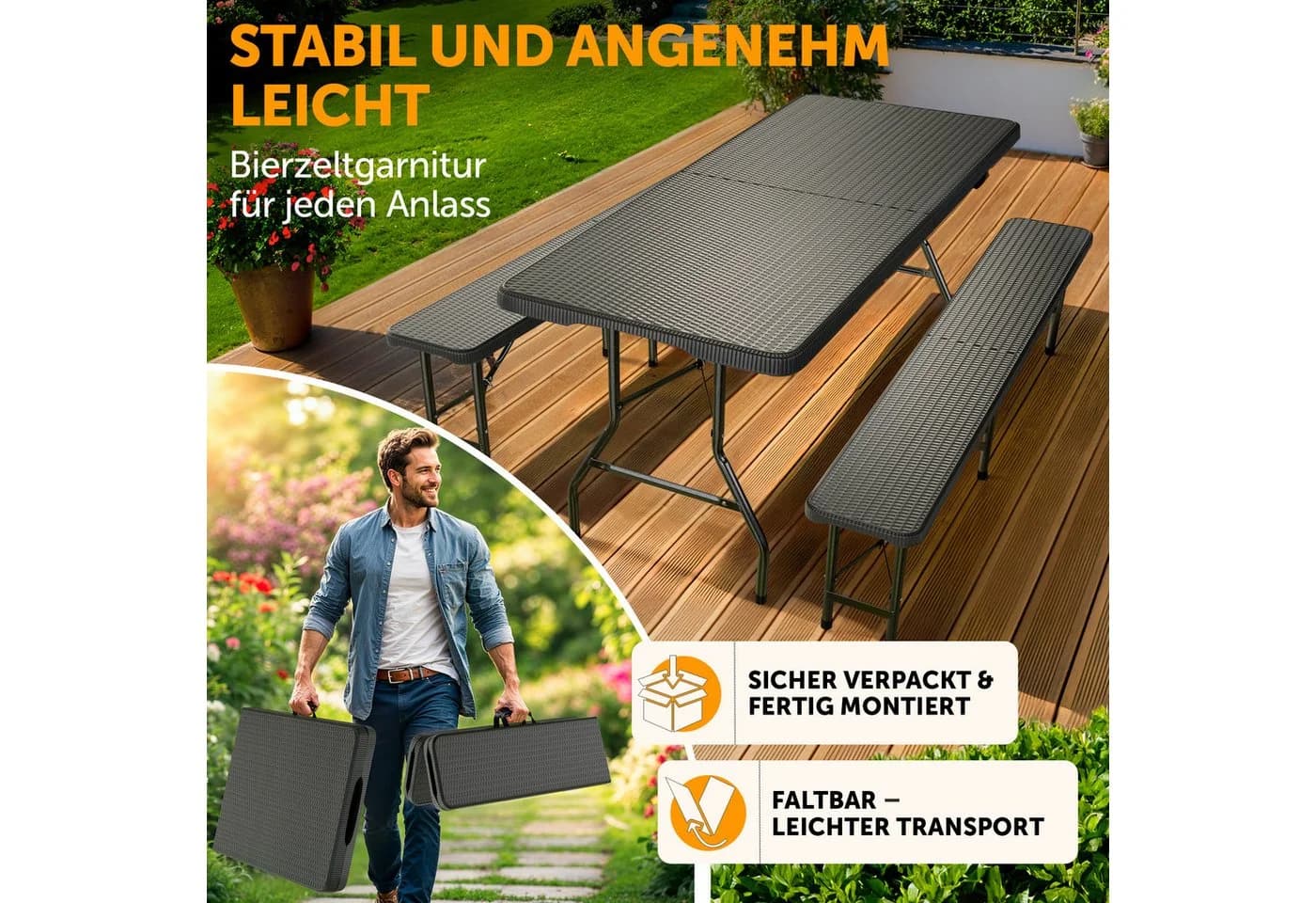 Blumtal Bierzeltgarnitur 3er Set - 2 Bierbänke + 1 Tisch, Schwarz, Klappbar