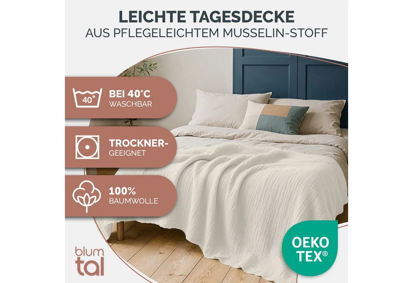 Blumtal Tagesdecke Baumwolle Musselin OEKO-TEX Beige