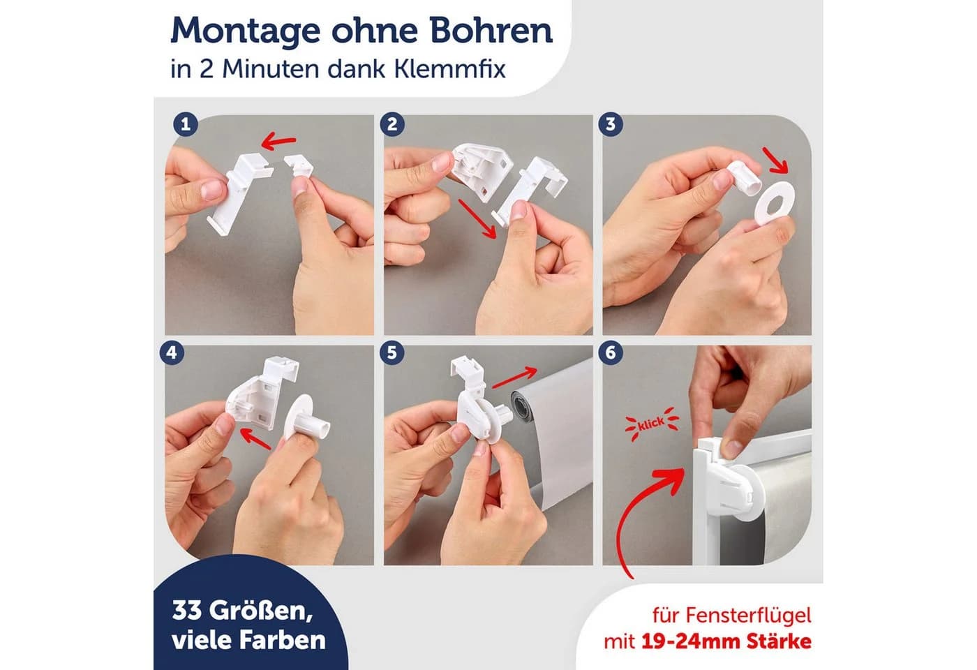 Blumtal Verdunklungsrollo Grau Klemm-Montage ohne Bohren