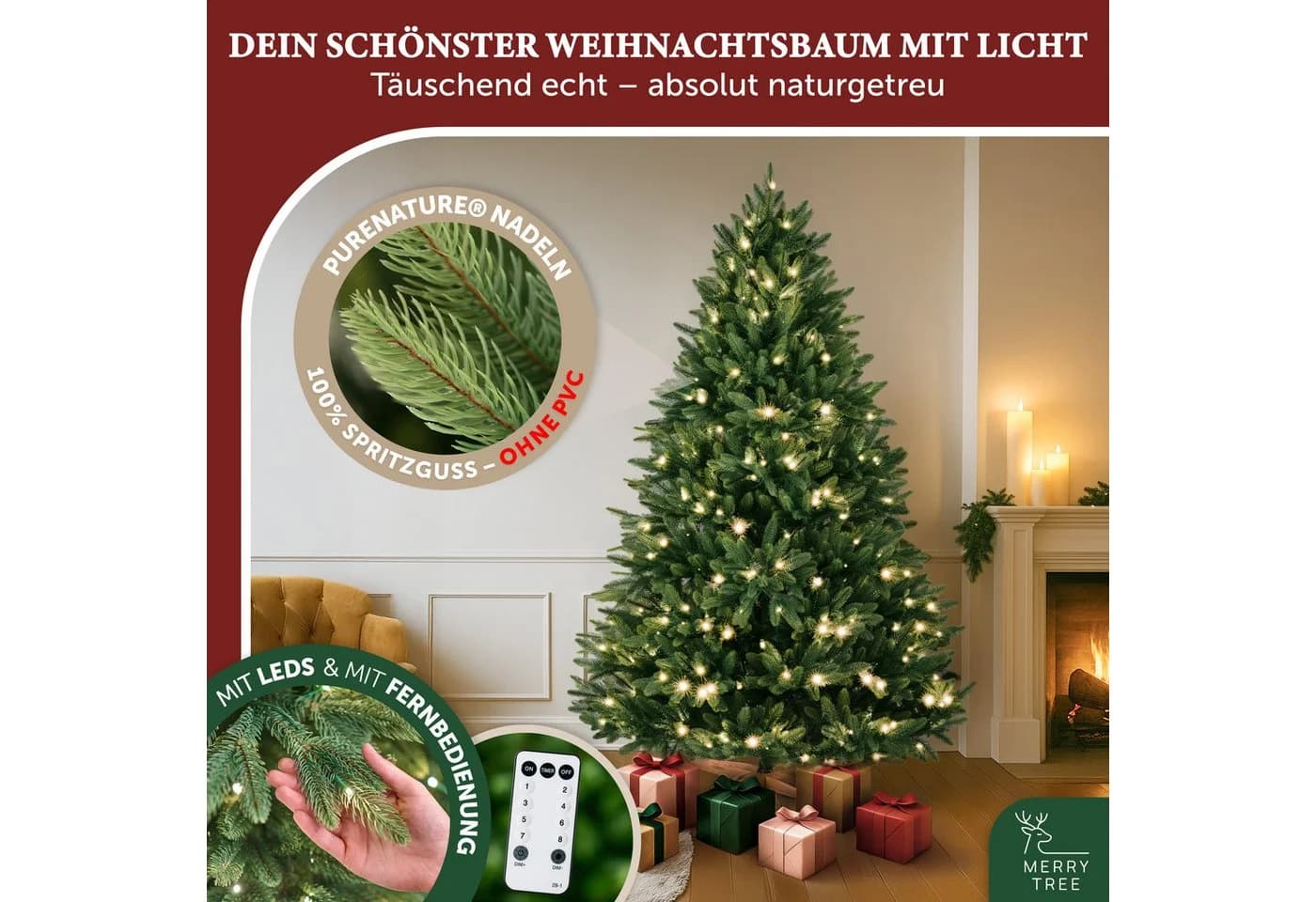 MERRY TREE Luxus Kunst-Tannenbaum 100% PE-Nadeln Holzfuß Skandinavisch Grün