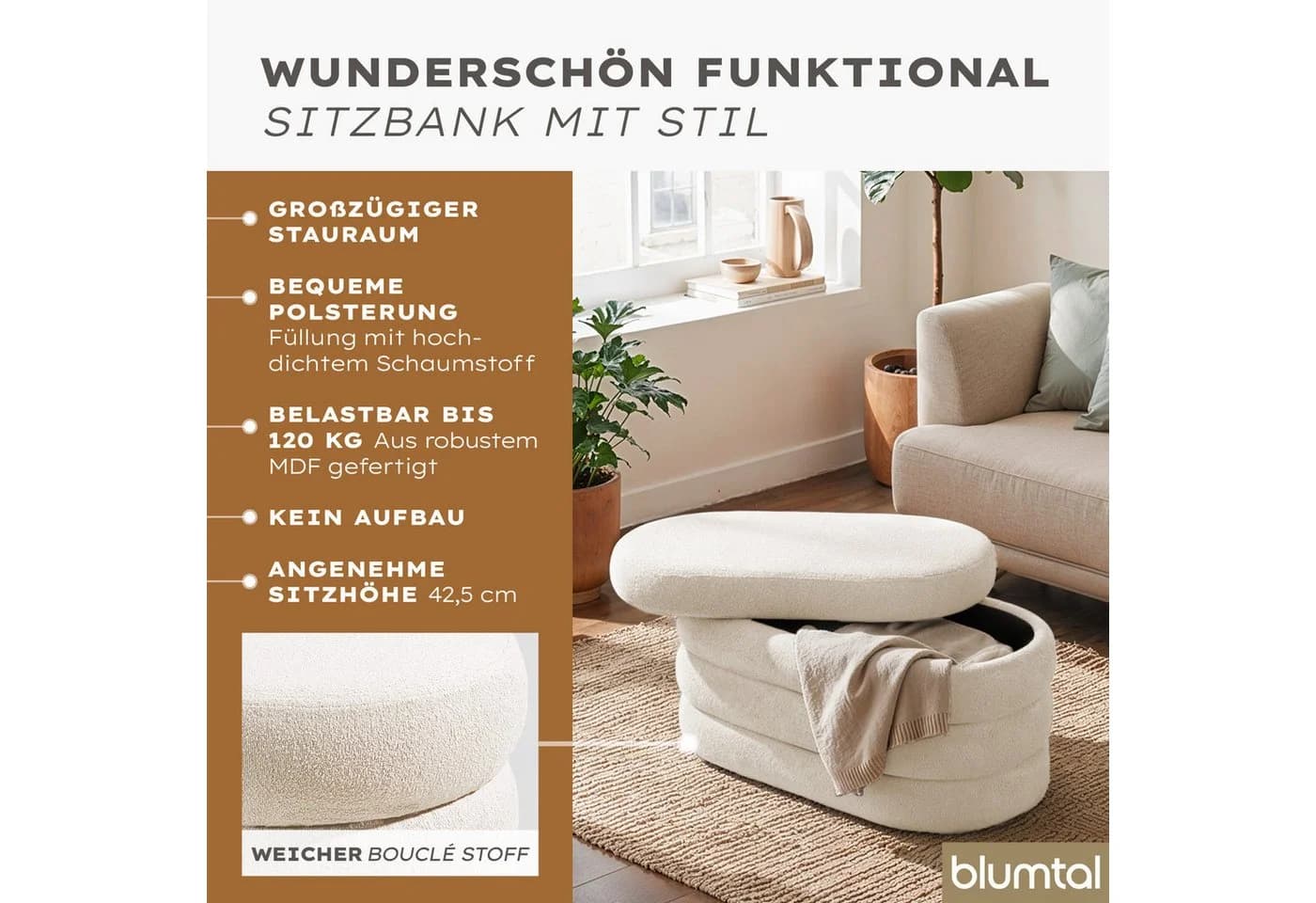 Blumtal Sitzhocker mit Stauraum Bouclé oder Velvet Bezug