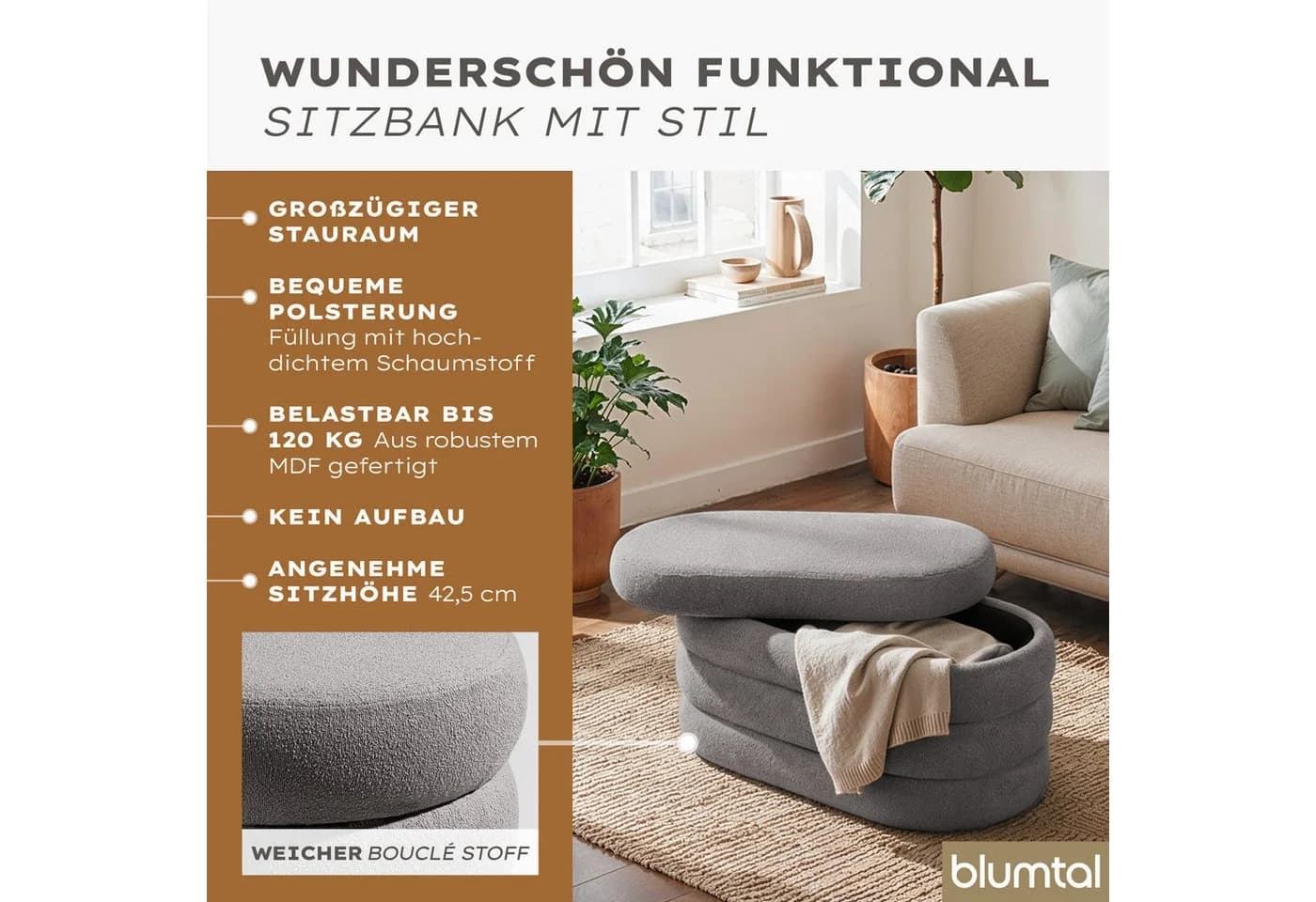 Blumtal Sitzhocker mit Stauraum und Bouclé-Bezug Grau