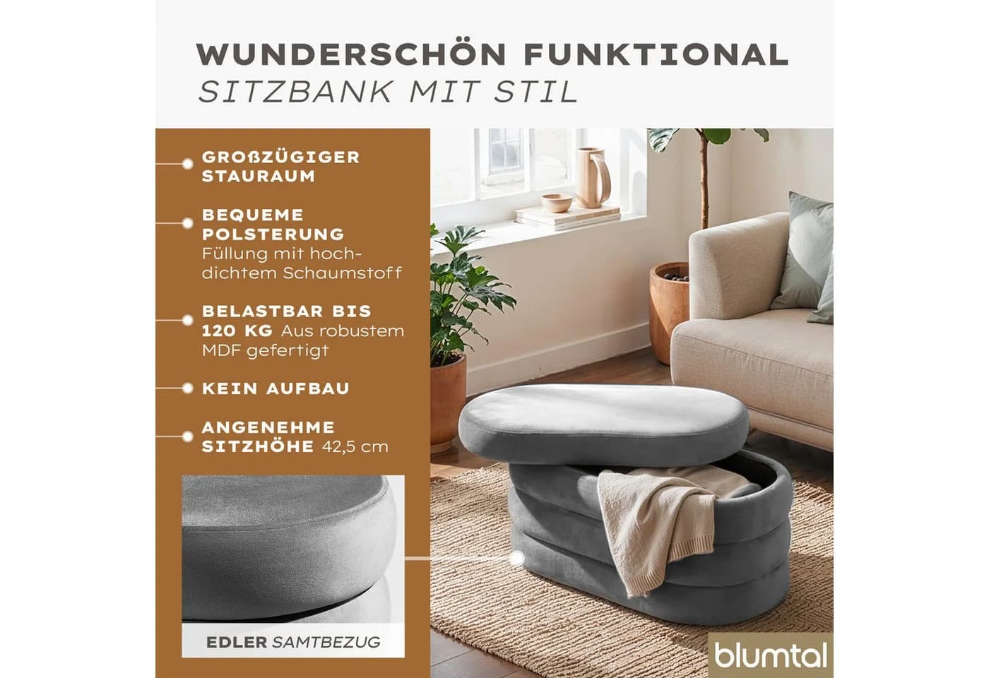 Blumtal Sitzhocker mit Stauraum Bouclé oder Velvet Bezug