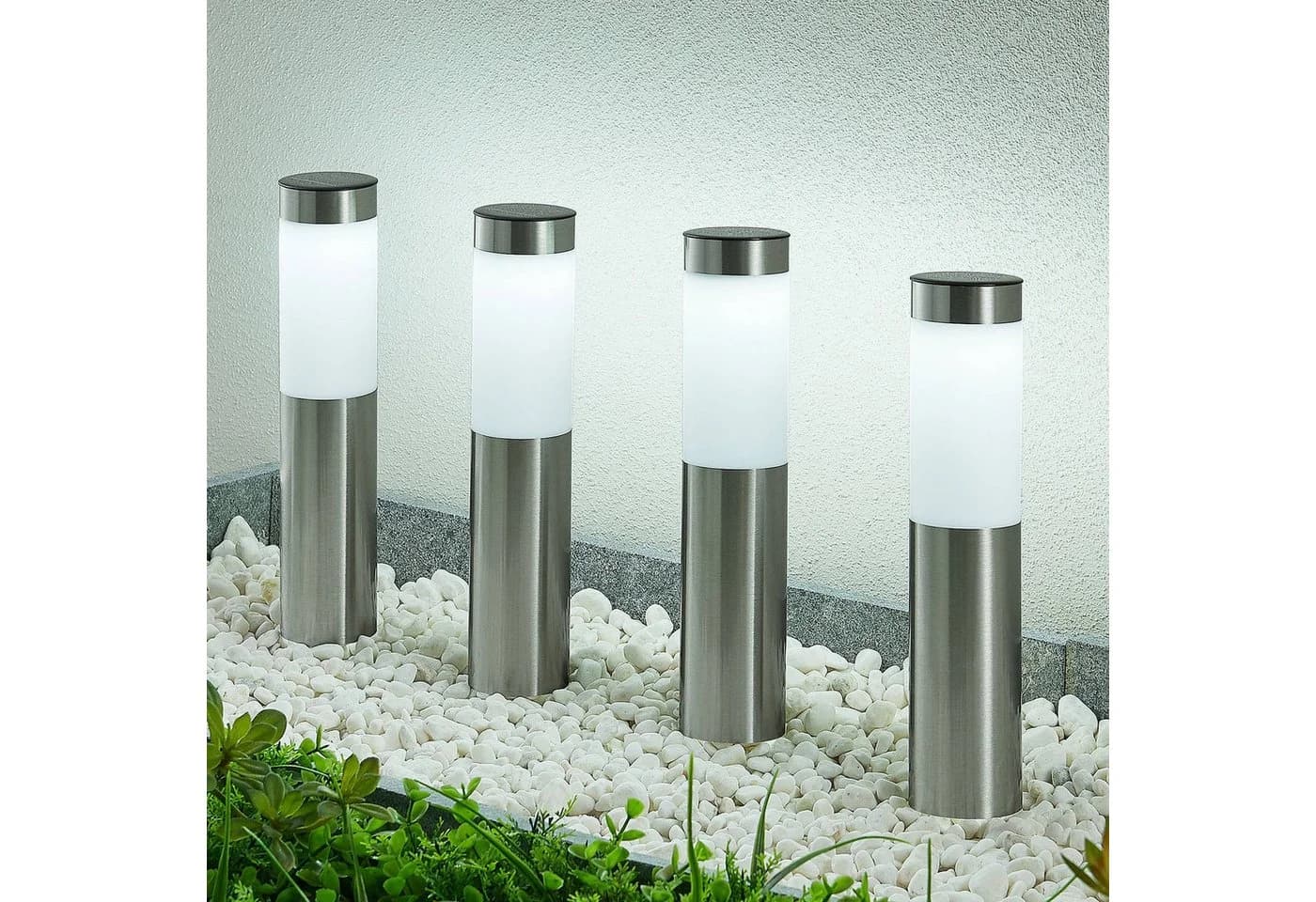 Lindby Außen-Stehlampe Sirita 4er-Set LED Solar Edelstahl IP44 Tageslicht