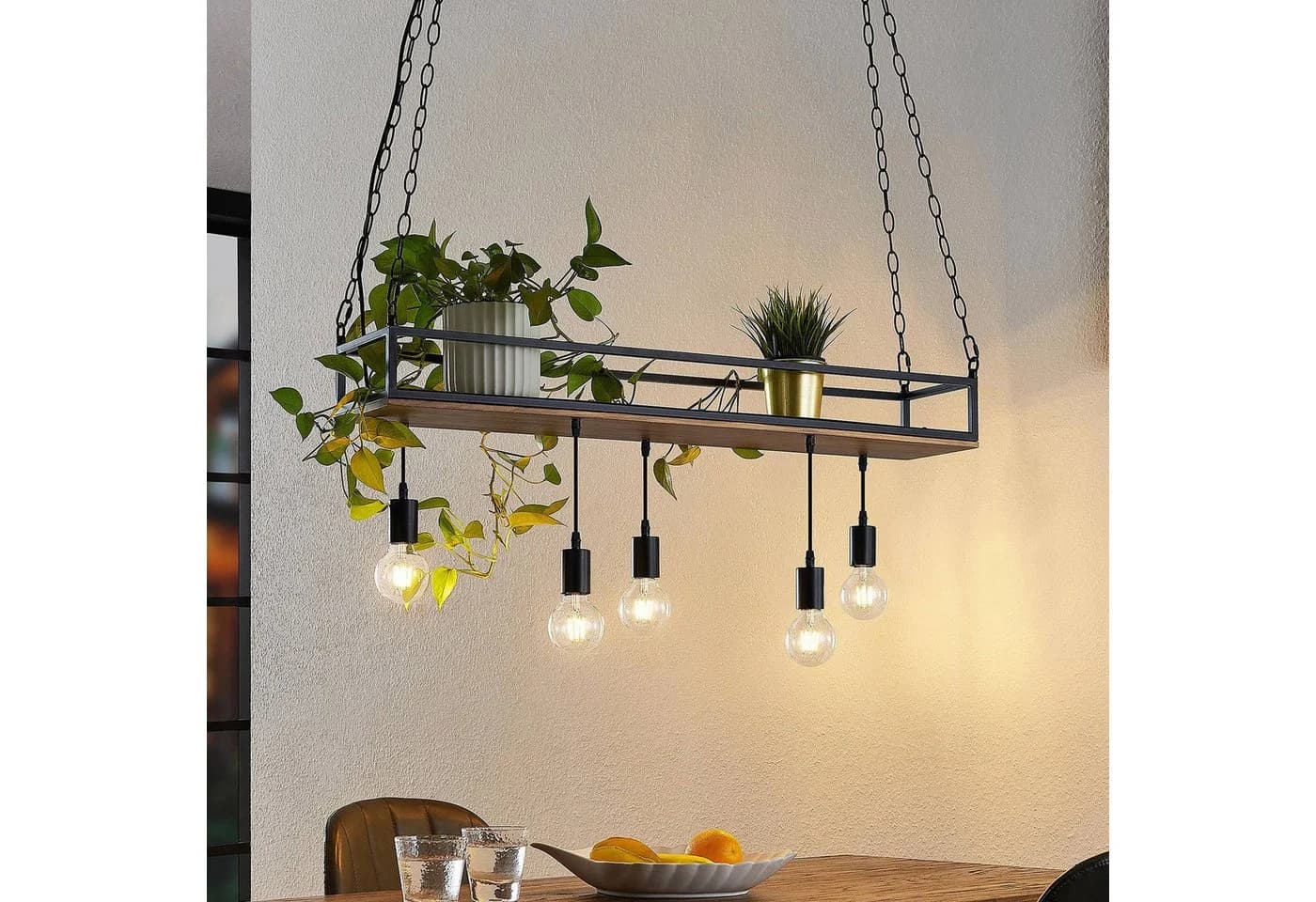 Lindby Hängeleuchte Kirista, 5-flg., schwarz/Holz, 100 cm, E27