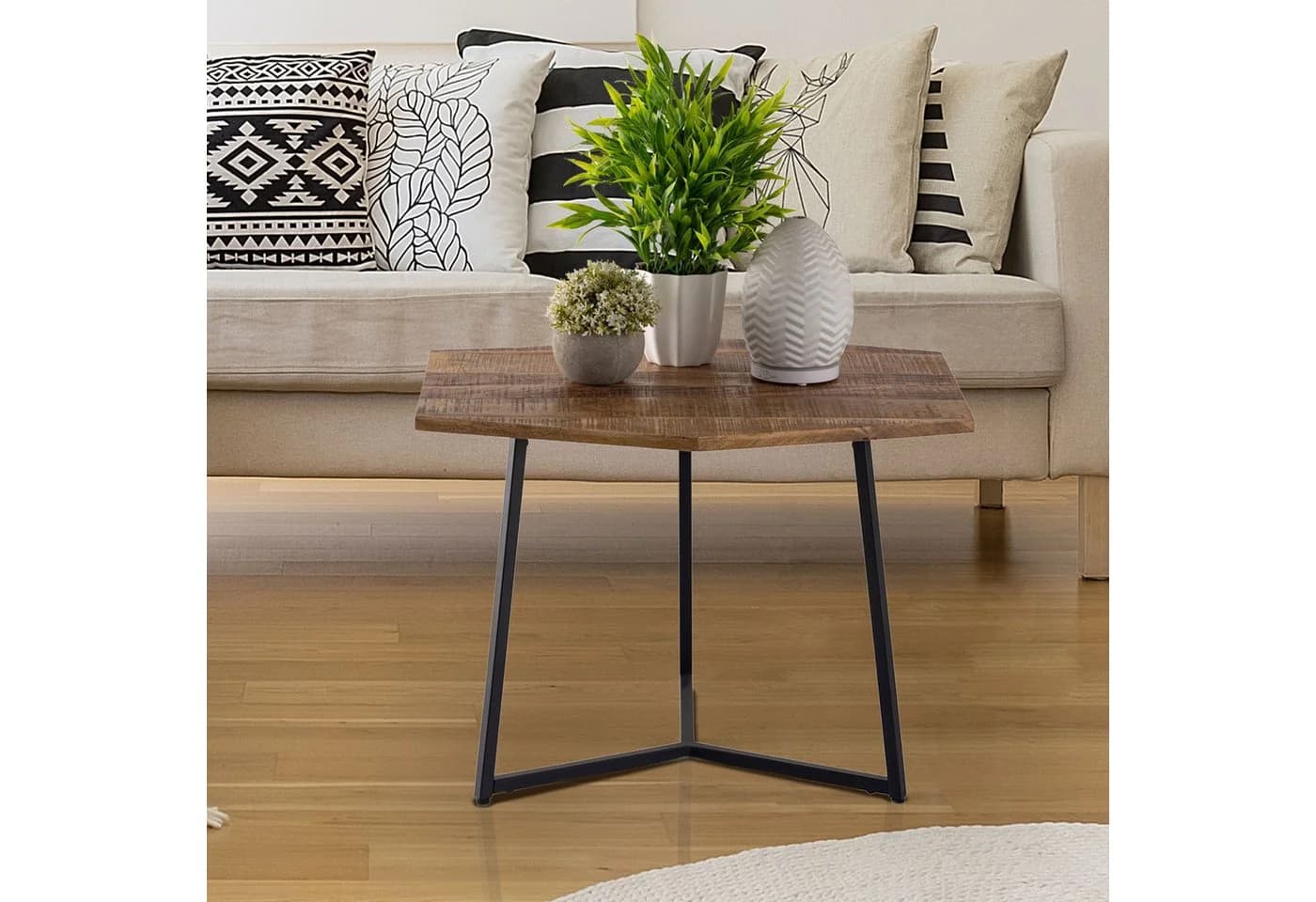 Amagohome 6-Eckiger Couchtisch Mangoholz Industrie-Style