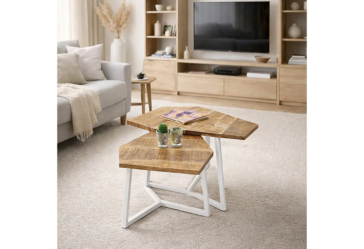 Amagohome Couchtisch 2er-Set sechseckig Mangoholz & Eisen