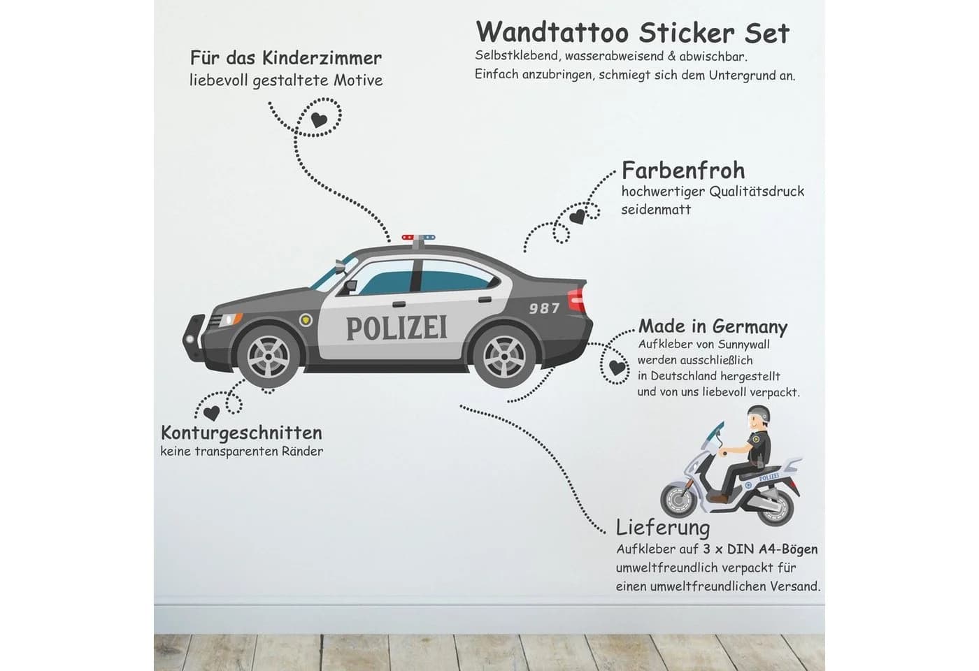 Sunnywall Wandtattoo Polizei Bunt Konturgeschnitten