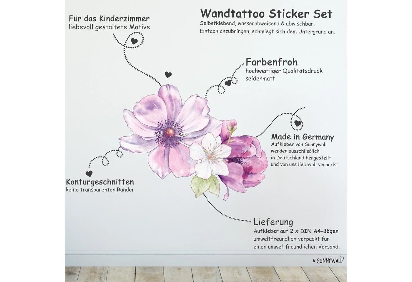 Sunnywall Wandtattoo Blumen Wandsticker (2 St) Bunt Selbstklebend